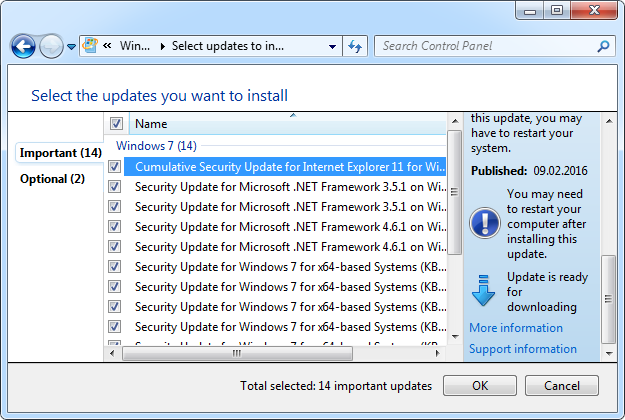Dostępne aktualizacje systemu Windows 7