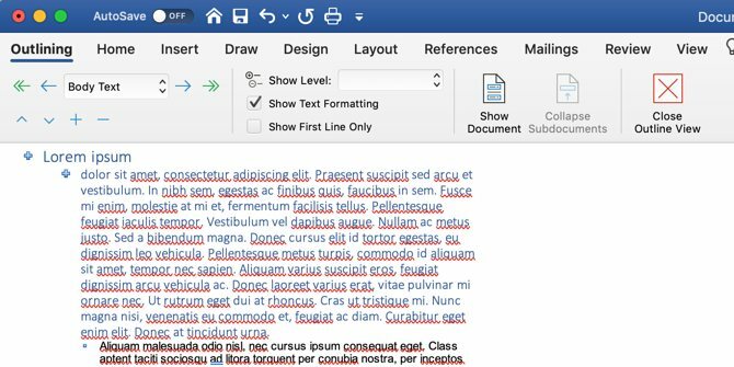 Jak napisać ebook: Widok konspektu programu Microsoft Word