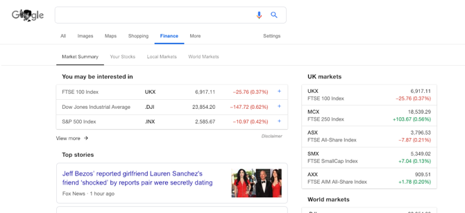 Zrzut ekranu Google Finance
