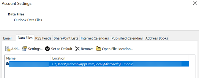 Otwórz lokalizację pliku danych programu Outlook