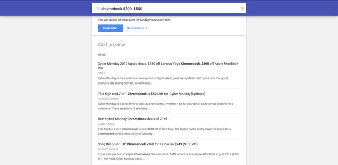 Google Alerts Zakres cen dla Chromebooków