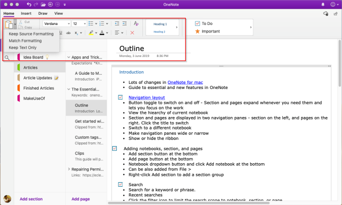 narzędzia do formatowania w programie OneNote Mac