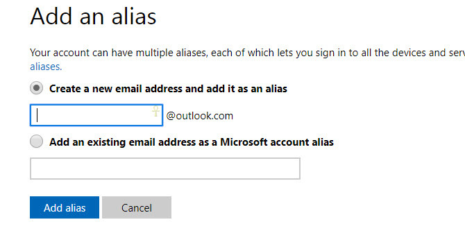 dodaj alias - adres e-mail konta Microsoft