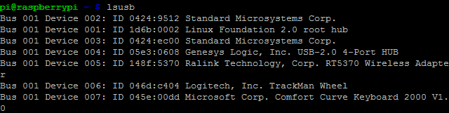 Użyj lsusb, aby dowiedzieć się o urządzeniach USB podłączonych do Raspberry Pi