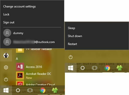 opcje zasilania menu Start systemu Windows 10