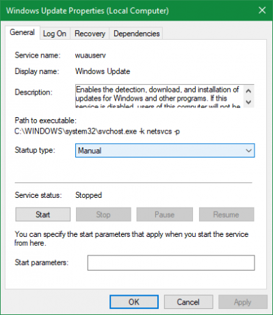 Właściwości usługi Windows Update