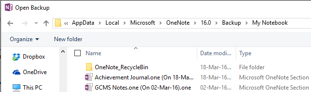 Folder kopii zapasowej OneNote