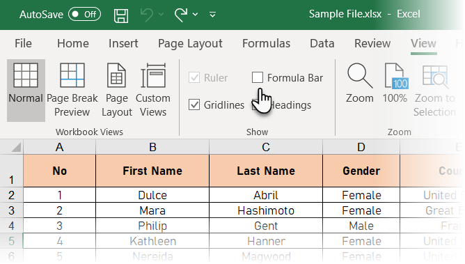 Ukryj pasek formuły za pomocą karty Widok w programie Excel