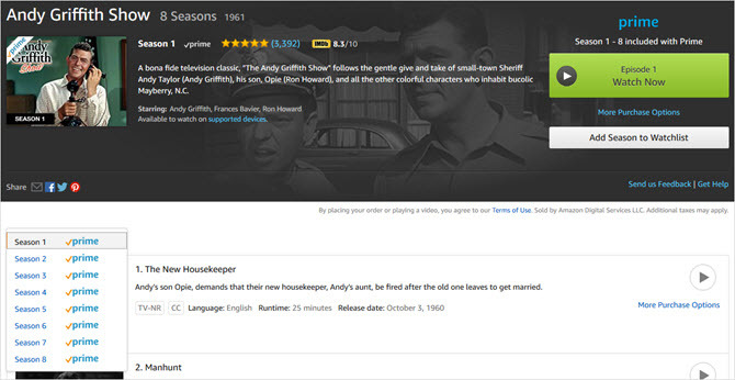 amazon prime video andy griffith show