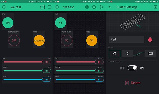 suwaki i przyciski aplikacji blynk