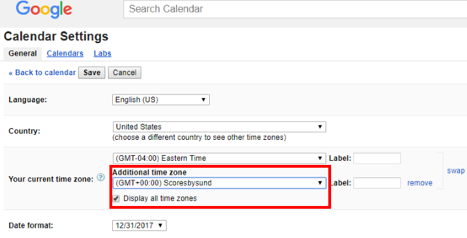 ustawienia strefy czasowej kalendarza google