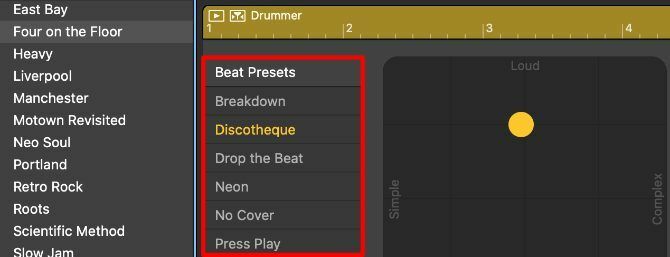 Beat Presets w oknie Drummer Editor