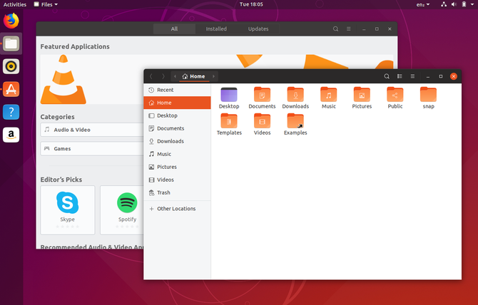 Ubuntu 18.10 desktop z nowym motywem