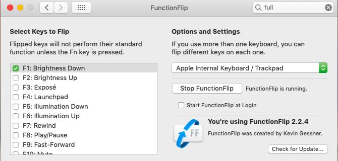 Panel ustawień dla aplikacji FunctionFlip na macOS