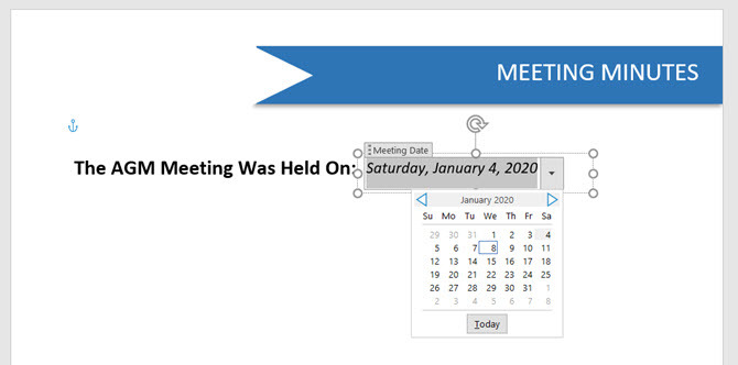 Kontrola zawartości Microsoft Word Date Picker 