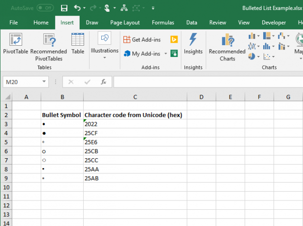 Symbole punktorów i kody znaków w formacie szesnastkowym w programie Excel