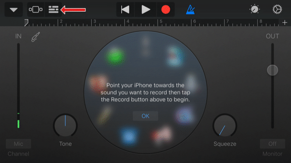 Ekran rejestratora audio aplikacji GarageBand