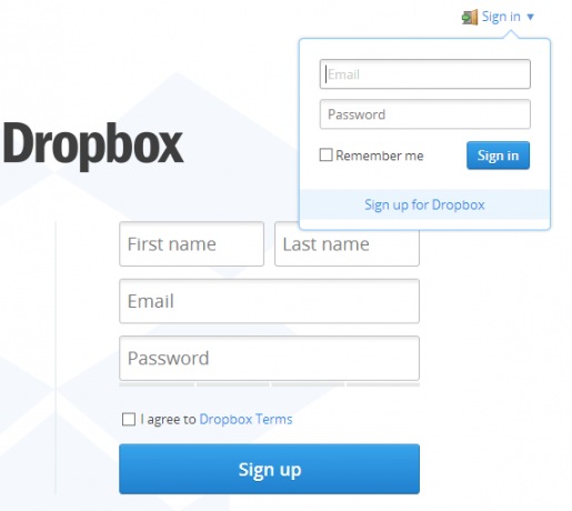 interfejs internetowy Dropbox