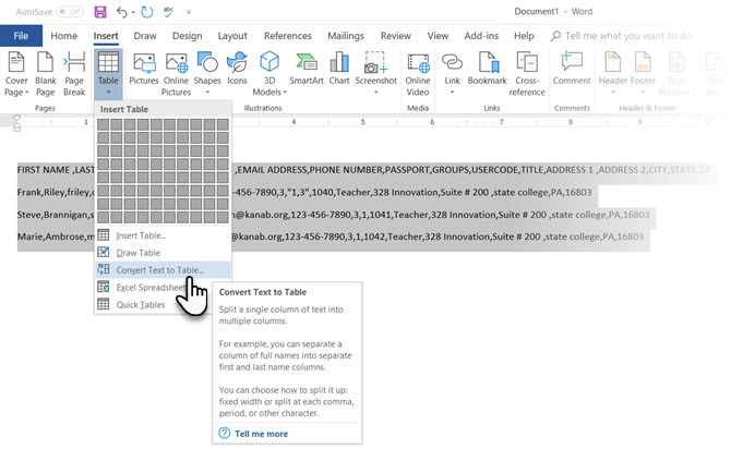 Microsoft Word Konwertuj tekst na tabelę