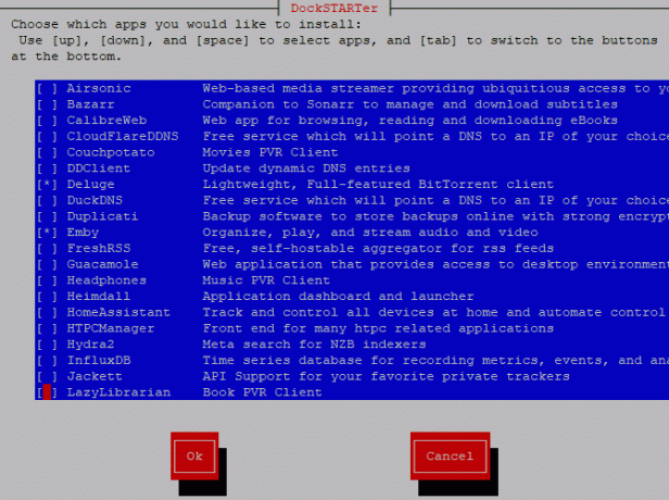 Menu konfiguracji instalacji aplikacji Dockstarter