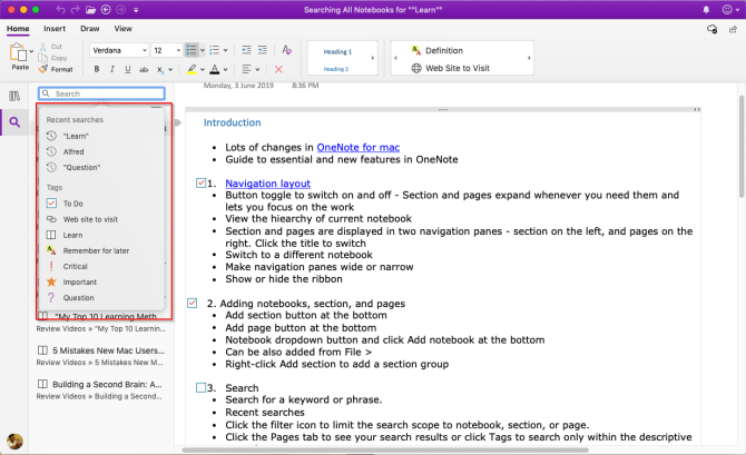 wyszukiwanie notatek w programie OneNote Mac