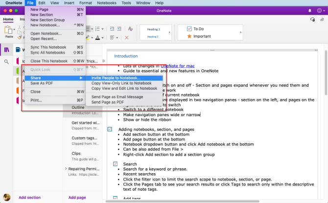 udostępnianie i współpraca w programie OneNote Mac