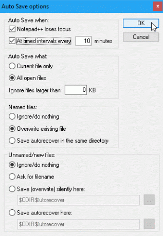 Okno dialogowe Opcje automatycznego zapisywania w Notepad ++