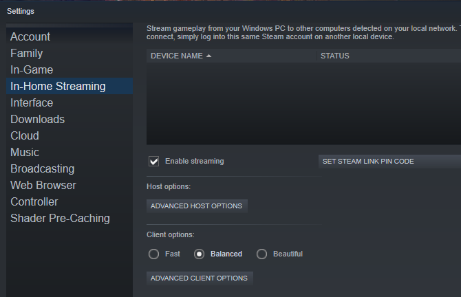 Włącz strumieniowanie w domu w Steam