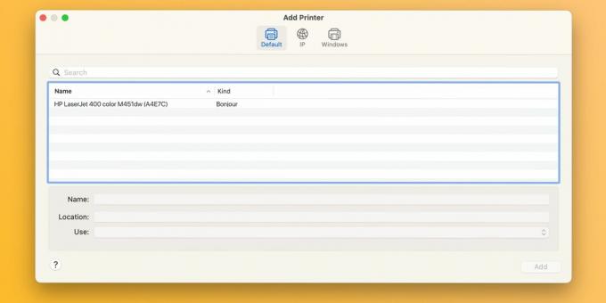 Okno dialogowe Dodaj drukarkę w ustawieniach systemu macOS Sonoma