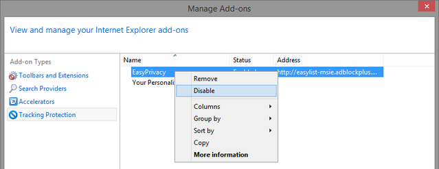 8.2 IE zarządza dodatkami - Ochrona przed śledzeniem