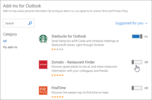 dodatki programu Outlook