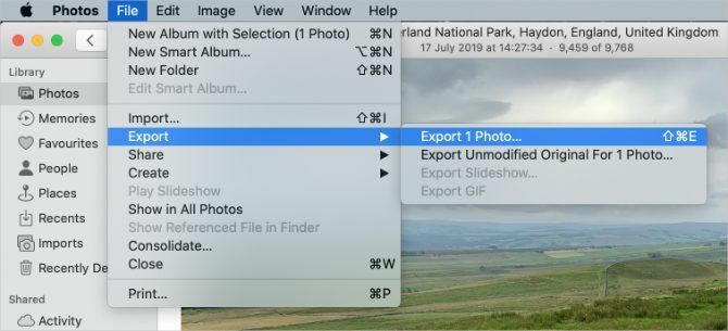 Opcja Eksportuj zdjęcie w aplikacji Zdjęcia na komputerze Mac