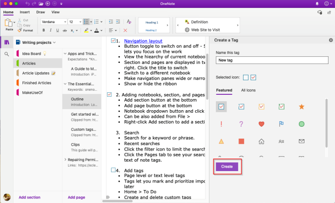 utwórz niestandardowy tag w OneNote