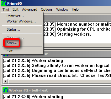 Zatrzymaj test warunków skrajnych w Prime95