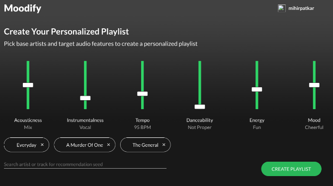 Moodify tworzy spersonalizowane listy odtwarzania na podstawie piosenek, które lubisz i funkcji muzycznych, które chcesz