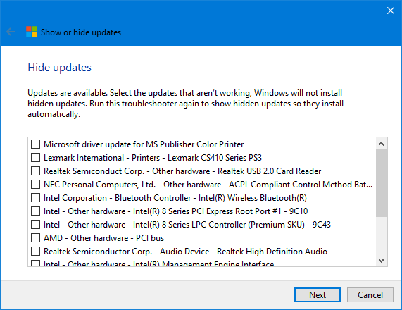 Ukryj listę aktualizacji systemu Windows 10