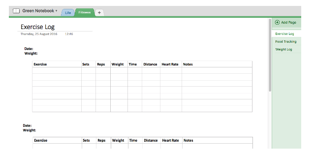 Dziennik fitness Przykładowy zrzut ekranu OneNote