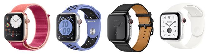 Zdjęcie różnych wykończeń Apple Watch Series 5