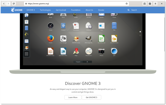 Przeglądarka internetowa GNOME wyświetlająca stronę GNOME