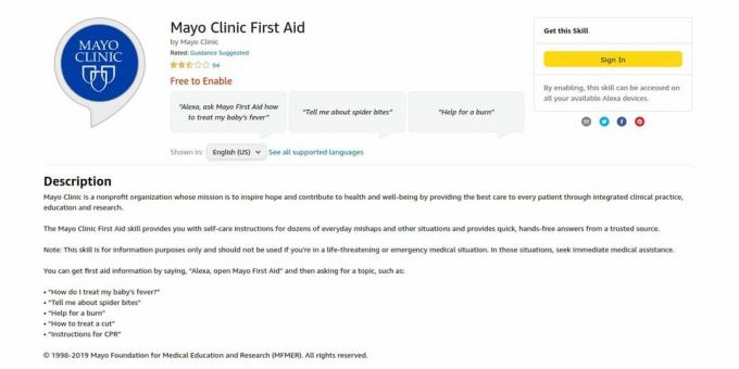 Zrzut ekranu strony internetowej umiejętności Mayo Clinic First Aid Alexa