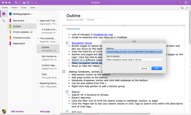 wstaw link do strony OneNote