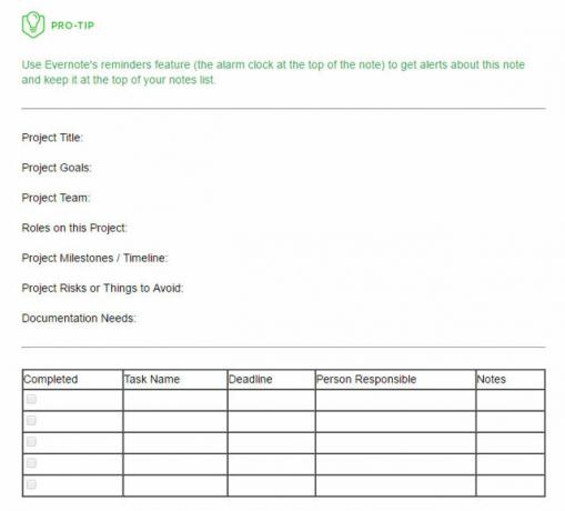 Szablon planu projektu Evernote