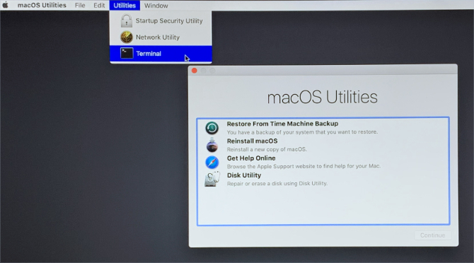 Tryb odzyskiwania systemu macOS pokazujący Terminal na pasku menu
