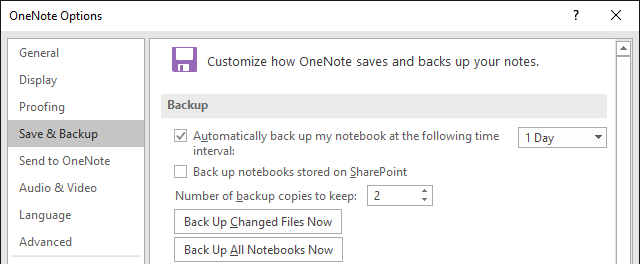 Opcje tworzenia kopii zapasowych OneNote