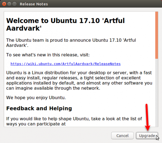 Okno dialogowe Informacje o wersji do aktualizacji do Ubuntu 17.10