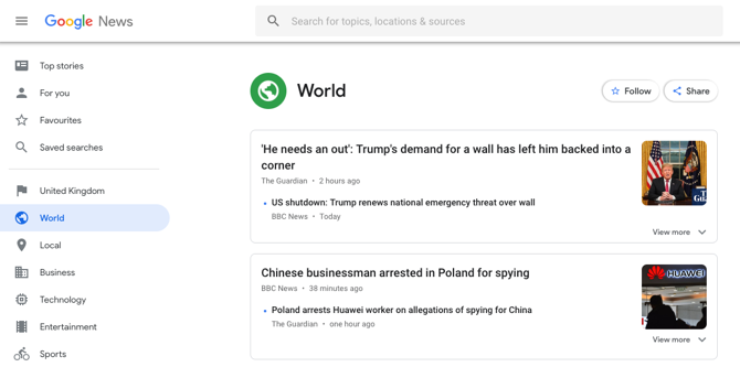 Zrzut ekranu Google News