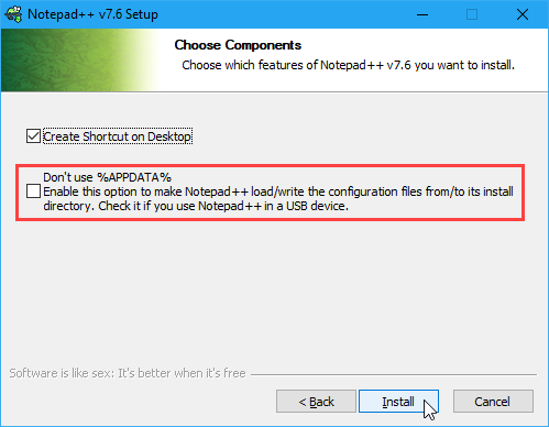 Zaznacz pole Nie używaj% APPDATA% podczas instalacji Notepad ++