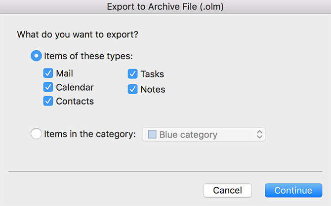 wybierz elementy do wyeksportowania w programie Outlook