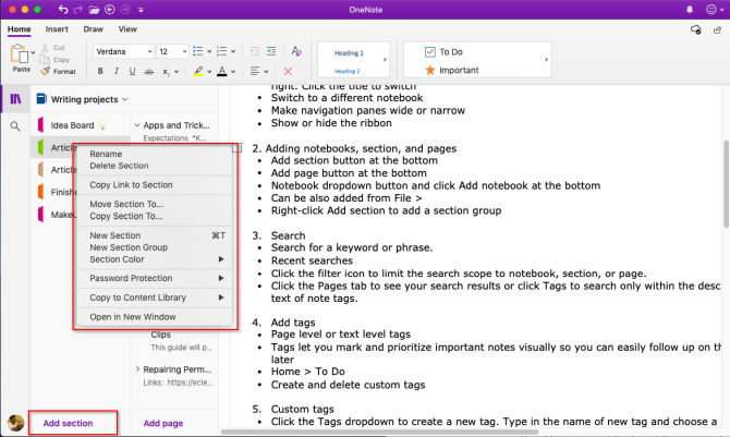 dodaj sekcję do programu OneNote Mac