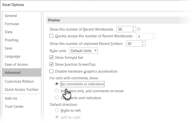 Ukryj komentarze i wskaźniki w programie Excel